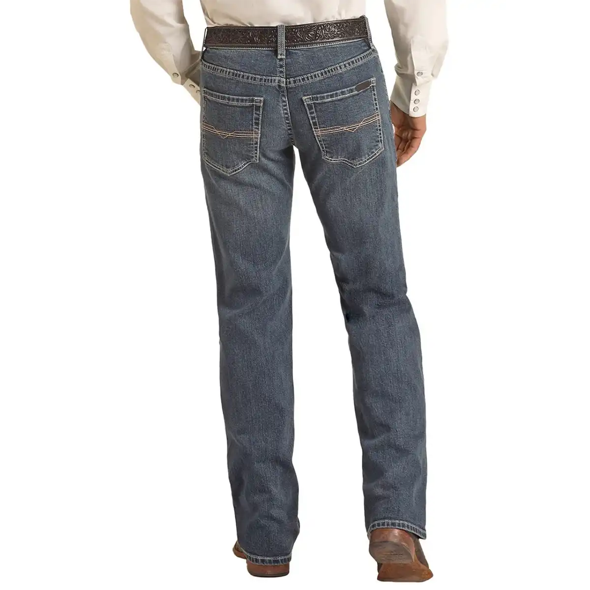 Back view of a man wearing Rock & Roll Denim Vintage '46 Revolver medium wash slim straight jeans with ivory stitched back pockets.