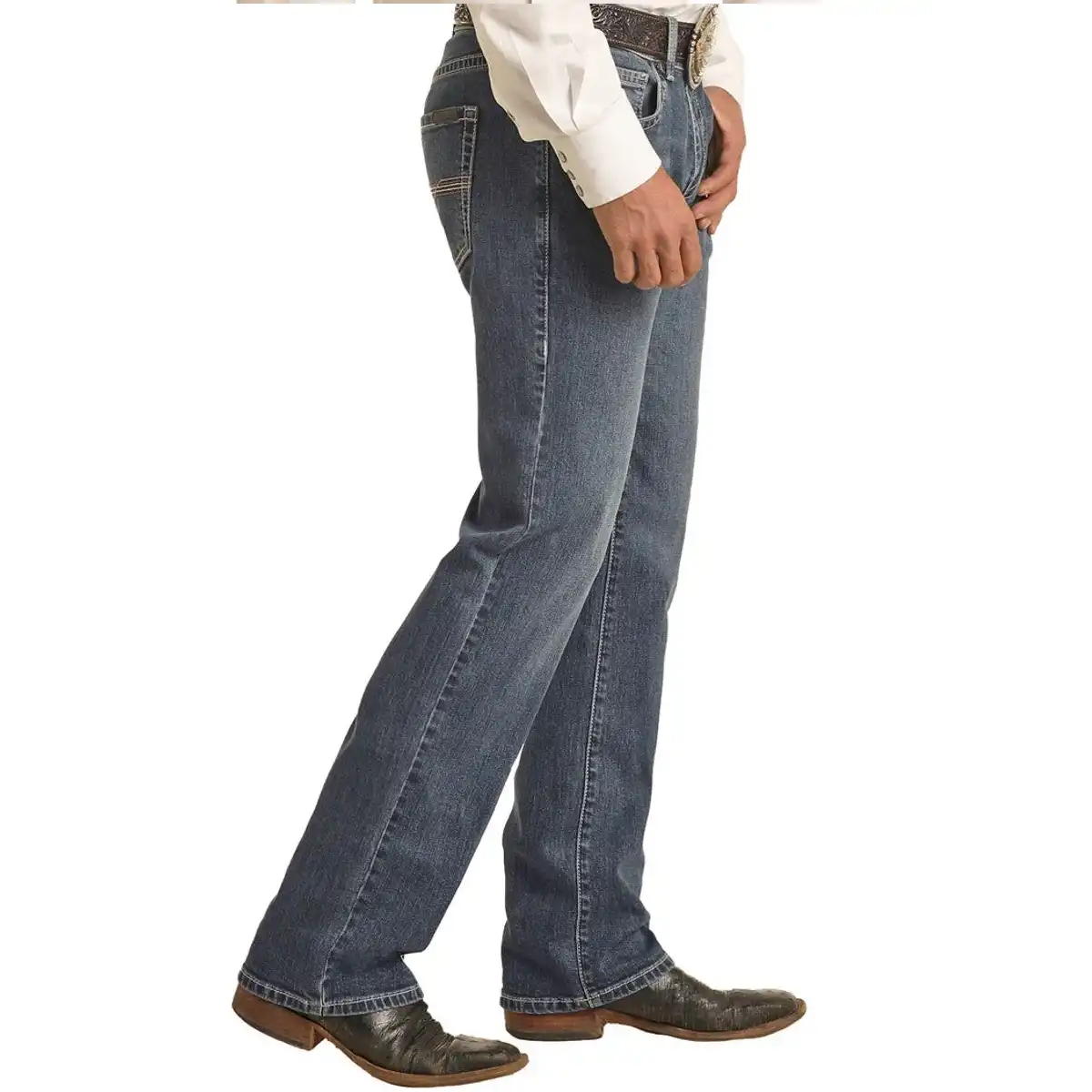 Side view of a man wearing Rock & Roll Denim Vintage '46 Revolver medium wash slim straight jeans with ivory stitched back pockets.