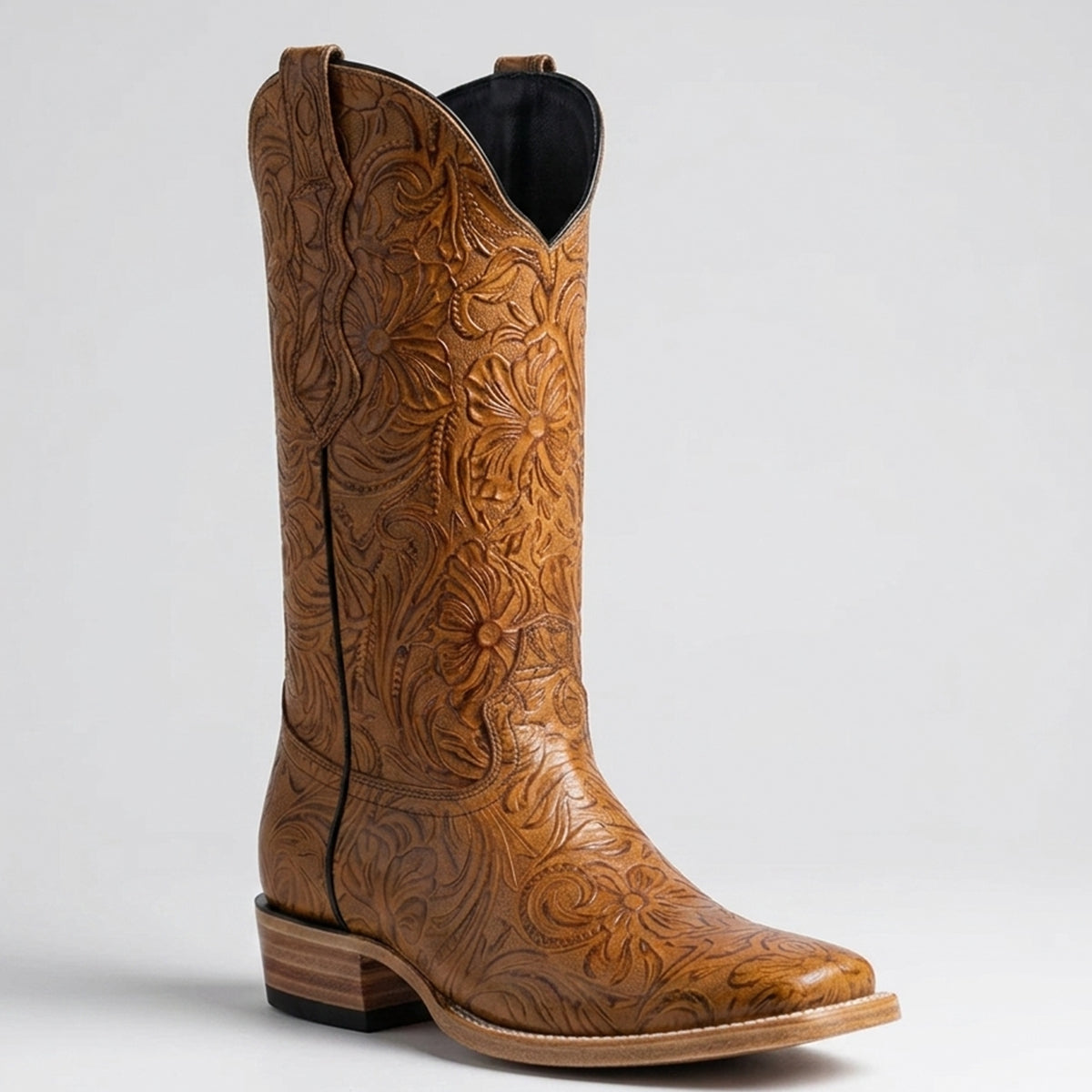 White Diamonds women's tan floral tooled print square toe cowgirl boot.