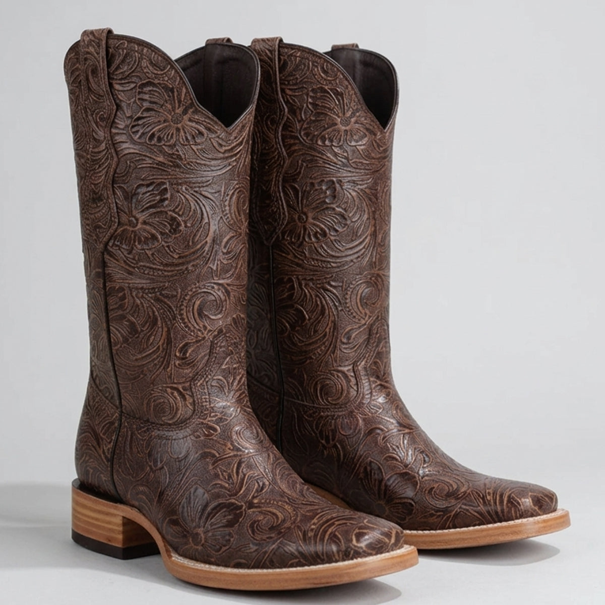 White Diamonds women's brown floral tooled print square toe cowboy boots.