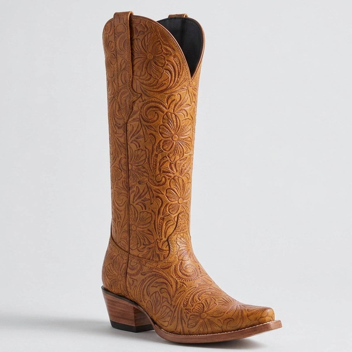 White Diamond women's tan tooled floral print snip toe cowgirl boot.
