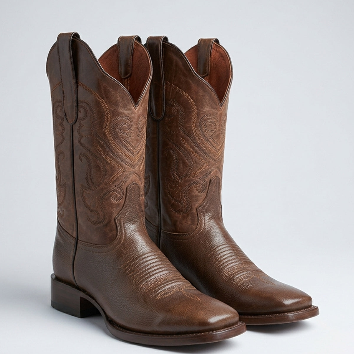 White Diamonds Men's Napa Brown square toe cowboy boots with tan scroll embroidery and Goodyear welt.