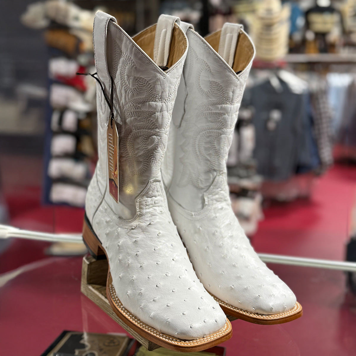 White Ostrich Square Toe Cowboy Boots
