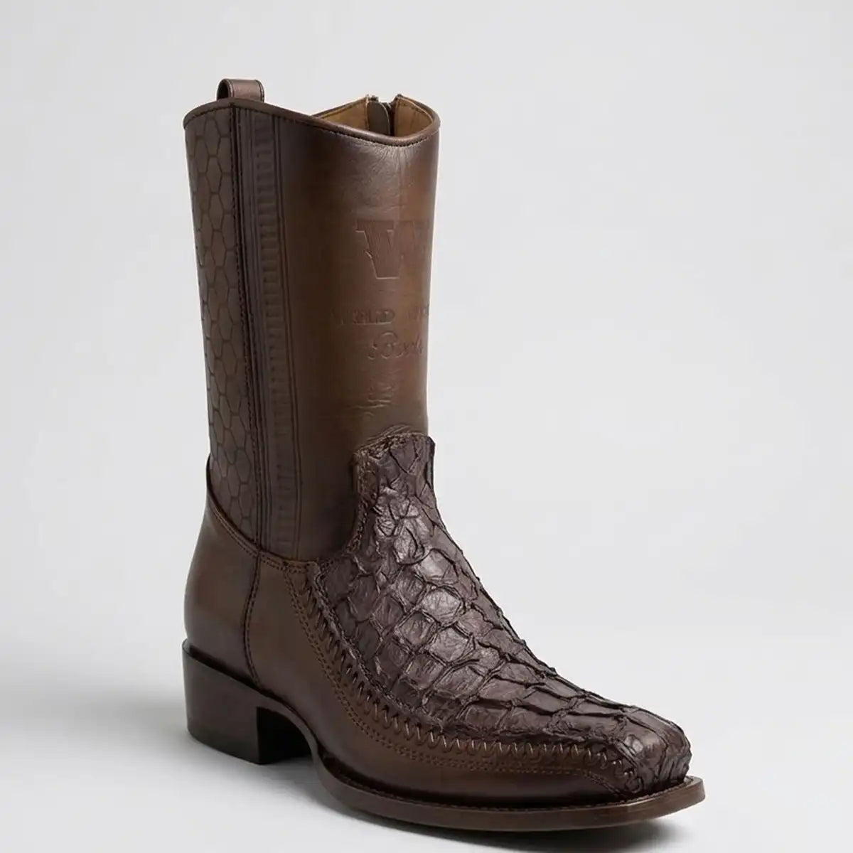 Single boot profile shot of the Wild West men's faded tobacco pirarucu zipper boot against a white studio background.