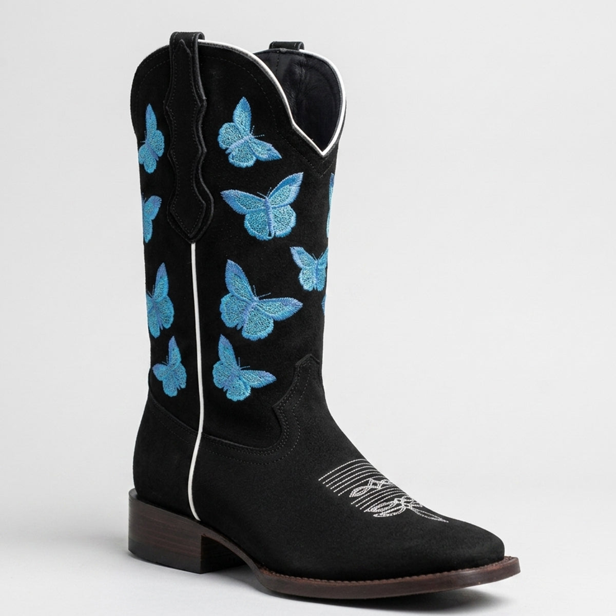 White Diamonds black leather square toe cowgirl boot with light blue embroidered butterflies on the shaft.