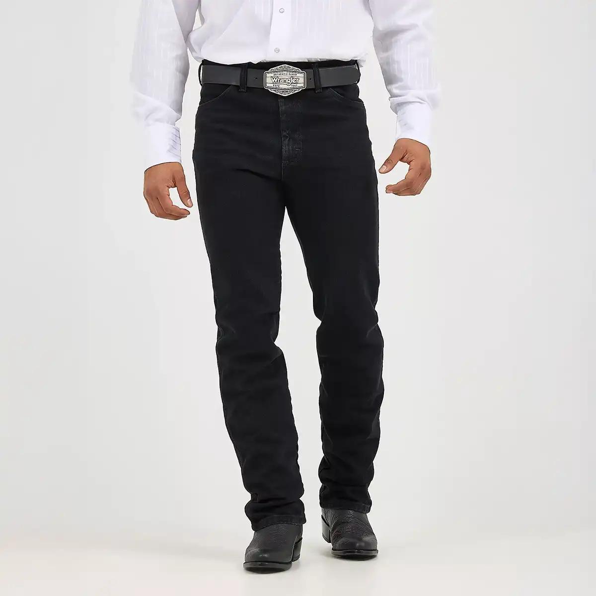 Mid-section front view of the Wrangler Silver Edition black jeans highlighting the high rise, belt loops, silver buckle, and slim thigh fit.