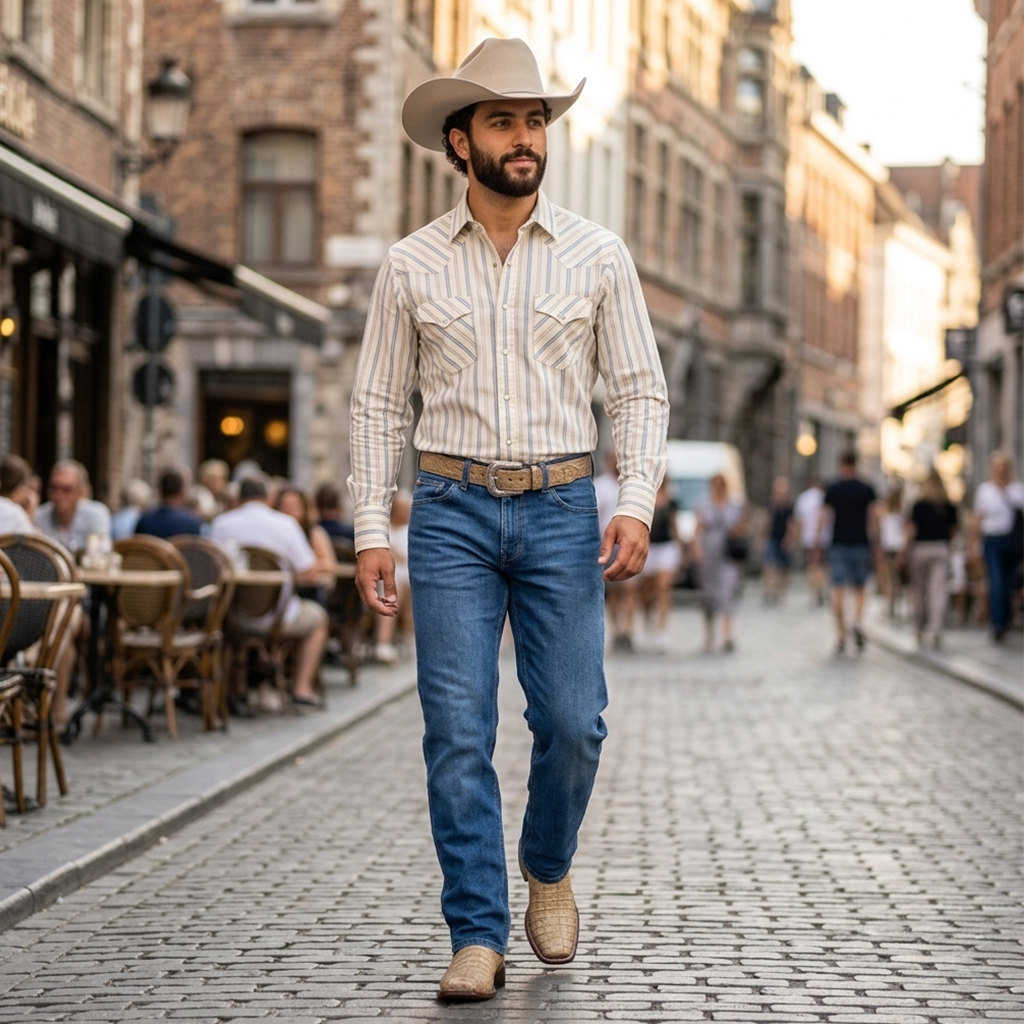 A man walking down a cobblestone street wearing a beige striped western snap shirt, medium wash blue jeans, a light tan caiman leather belt, sahara stone caiman belly cowboy boots, and a beige cowboy hat.