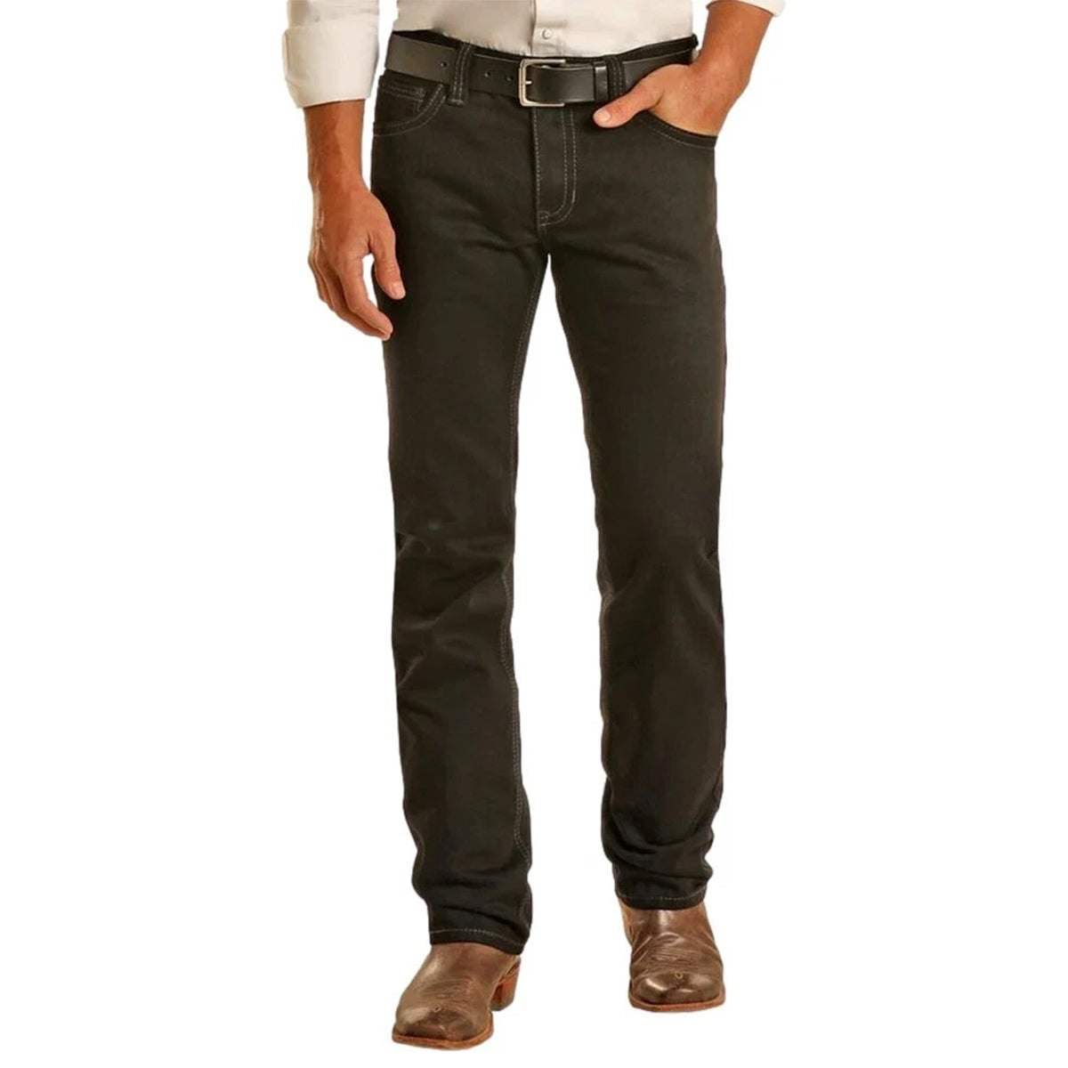 Man wearing black Rock & Roll Denim slim-fit straight leg jeans with a black belt and brown cowboy boots, shown from the waist down against a plain white background.