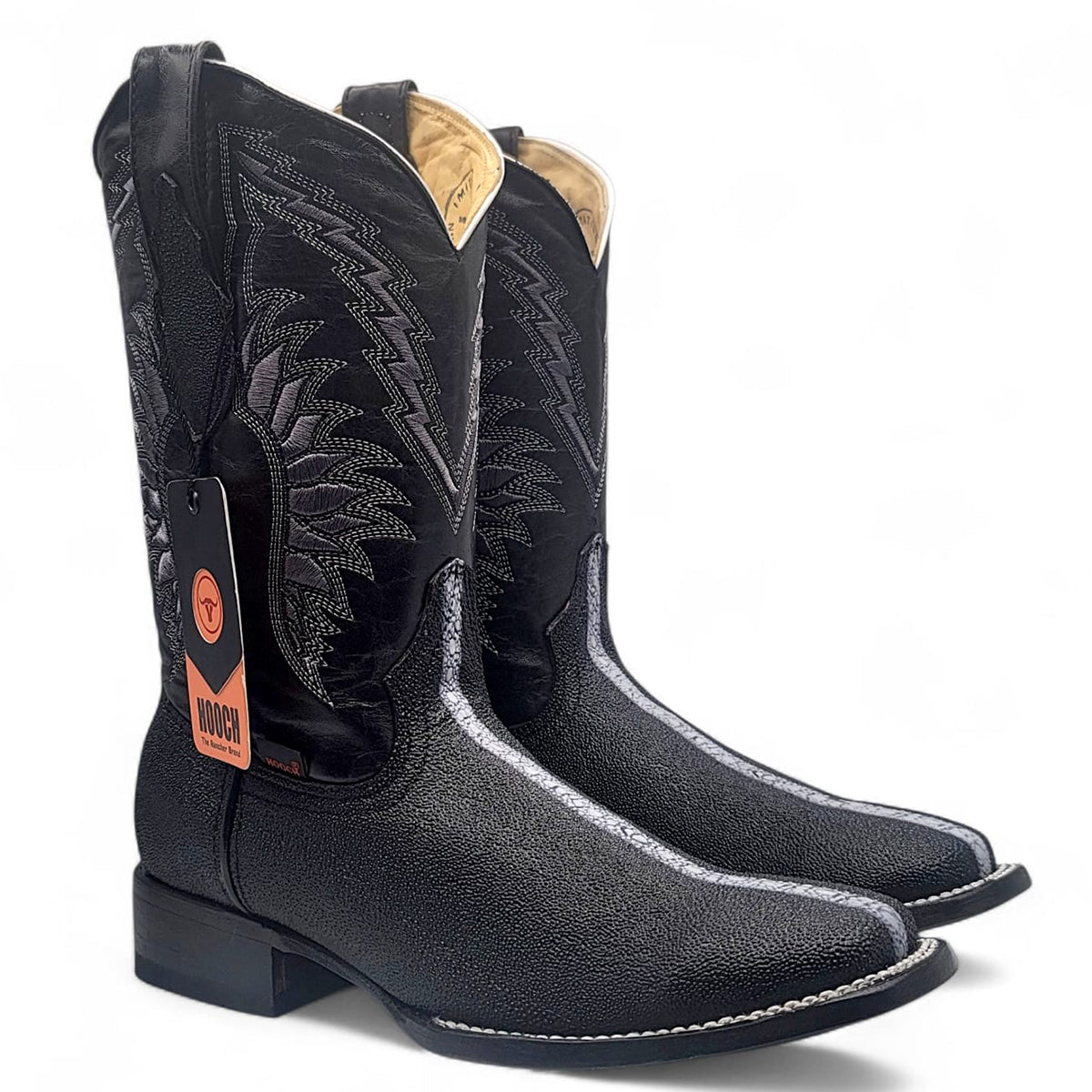 Hooch men's black Stingray print leather cowboy boots wide square toe profile.