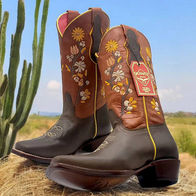 Brown Flowered Cowgirl Boots | Quincy Boots Square Toe