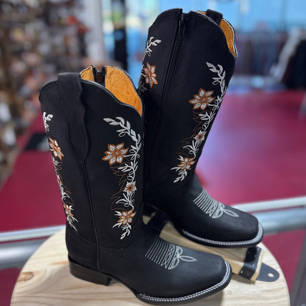 Flower Embroidered Black Square Toe Cowgirl Boots display picture 3