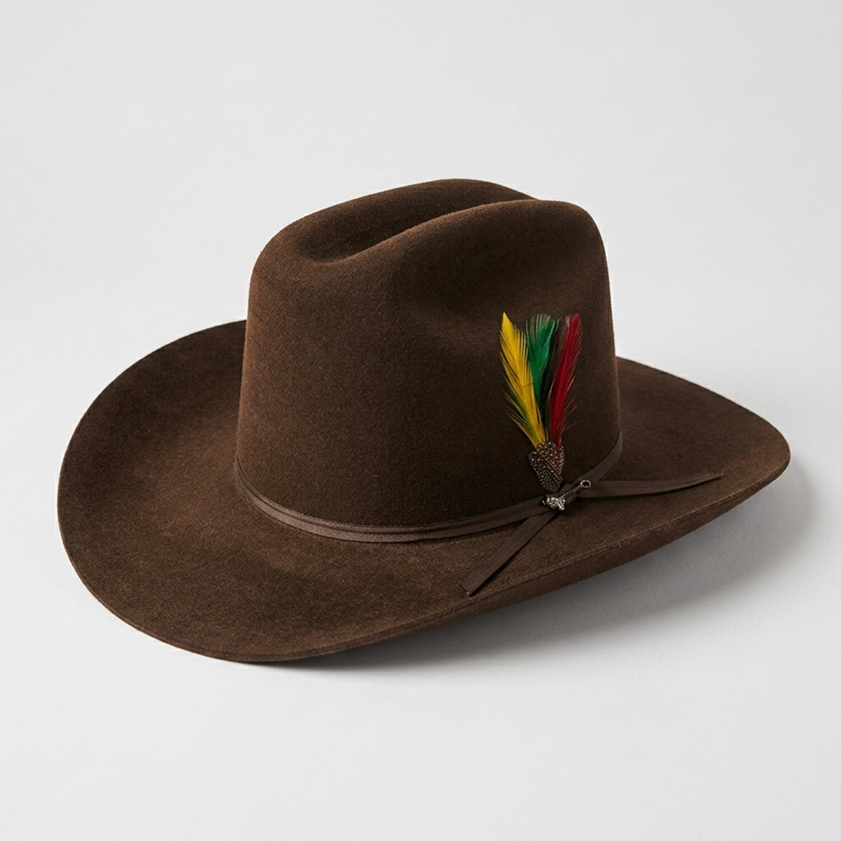 Stetson 6X Rancher brown felt cowboy hat with feather in Sinaloa style.