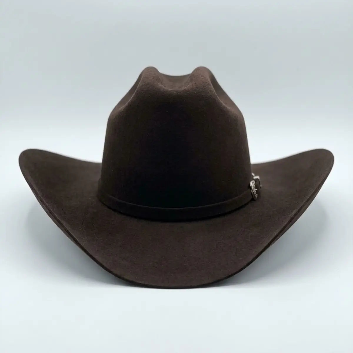 Straight-on front view of the Abolengo Rancheron 1000X dark brown felt cowboy hat showcasing the tall 5-inch crown symmetry and curved brim shape.