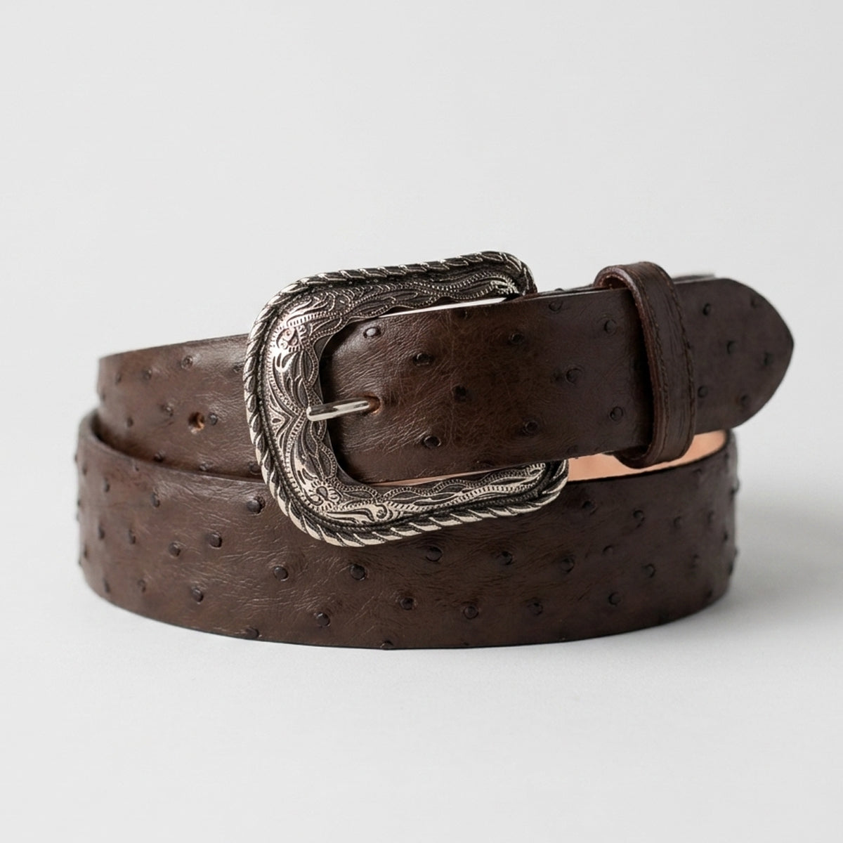 Los Altos men's brown full quill ostrich leather belt with Texas style buckle.