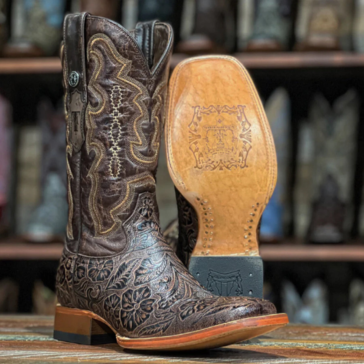 Brown tooled cowboy boots by Tanner Mark Boots
