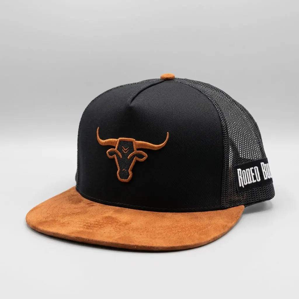 Side profile studio shot of the Rodeo Bully black cap highlighting the white "RODEO BULLY" stitched brand patch on the side mesh panel.