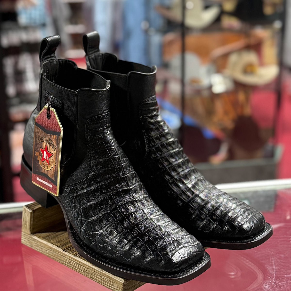 Los Altos black caiman square toe boots