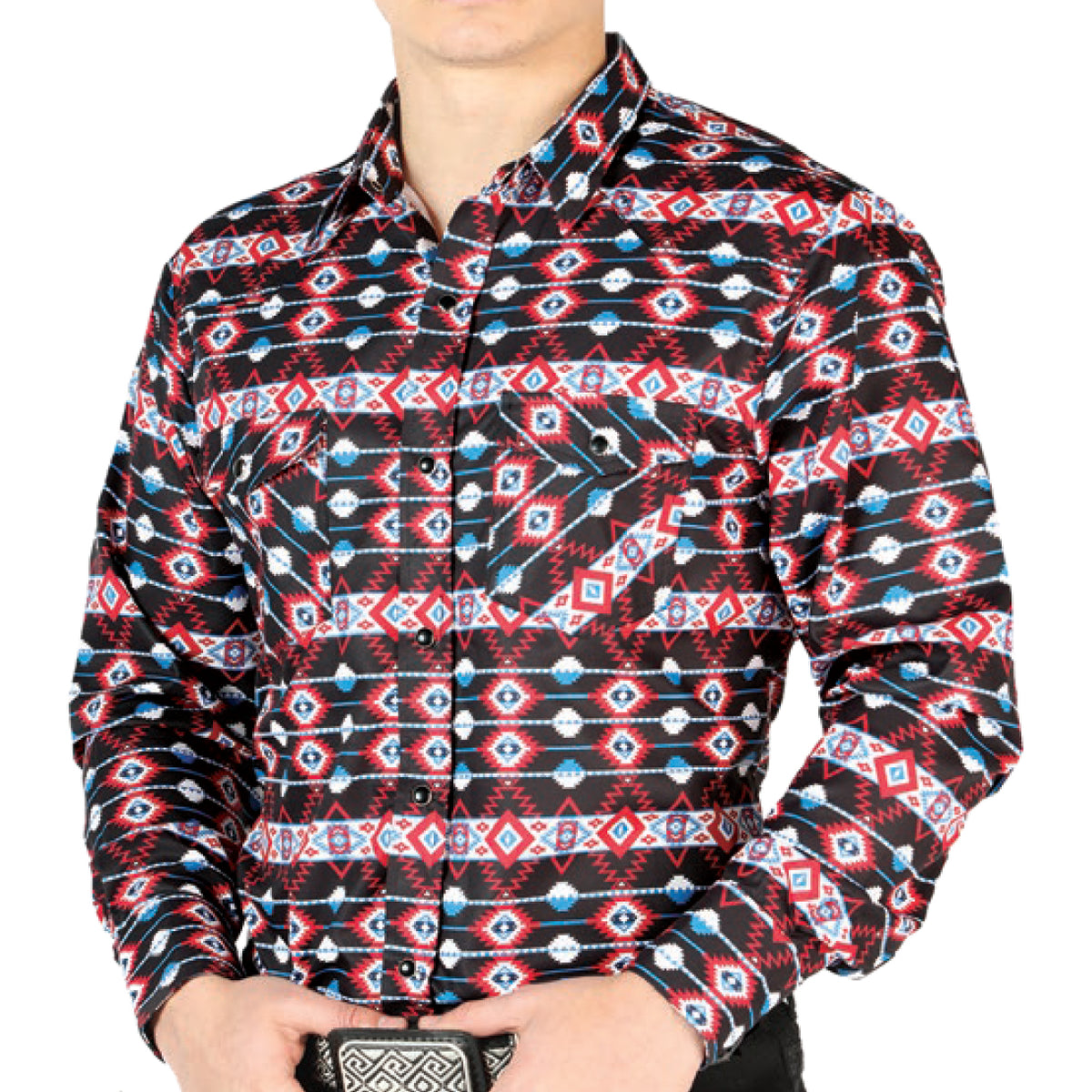 aztec dress shirt Men's Slim Fit Blue Aztec Tapestry Long Sleeve Snap Shirt
