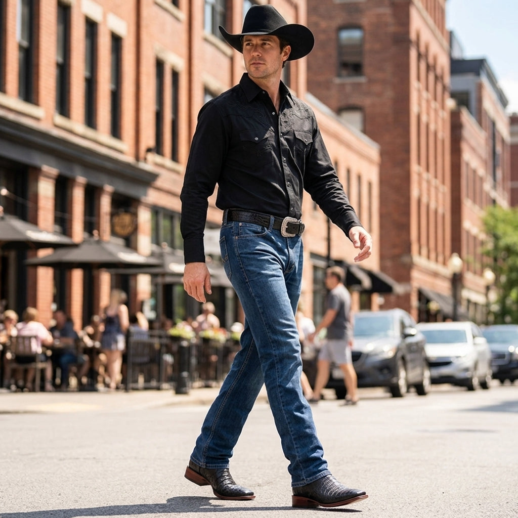 A man walking down a city street wearing a long-sleeve black western snap shirt, medium wash blue jeans, a black caiman leather belt with a silver buckle, black caiman belly cowboy boots, and a black cowboy hat.