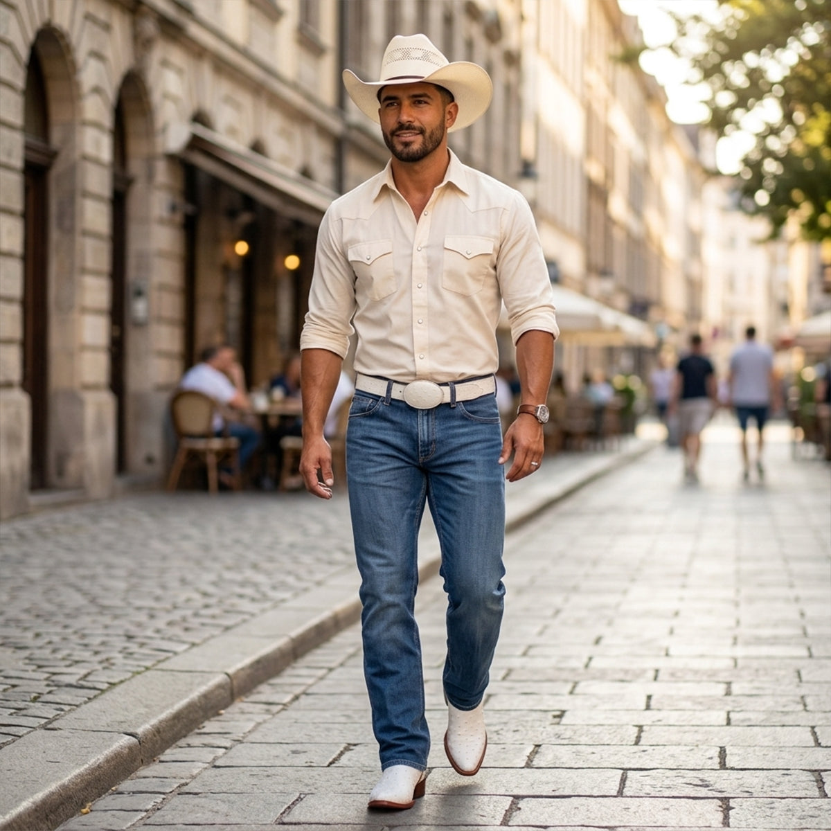 Man wearing white full quill ostrich pointed toe cowboy boots with blue jeans, cream Western shirt, white belt, and straw cowboy hat.