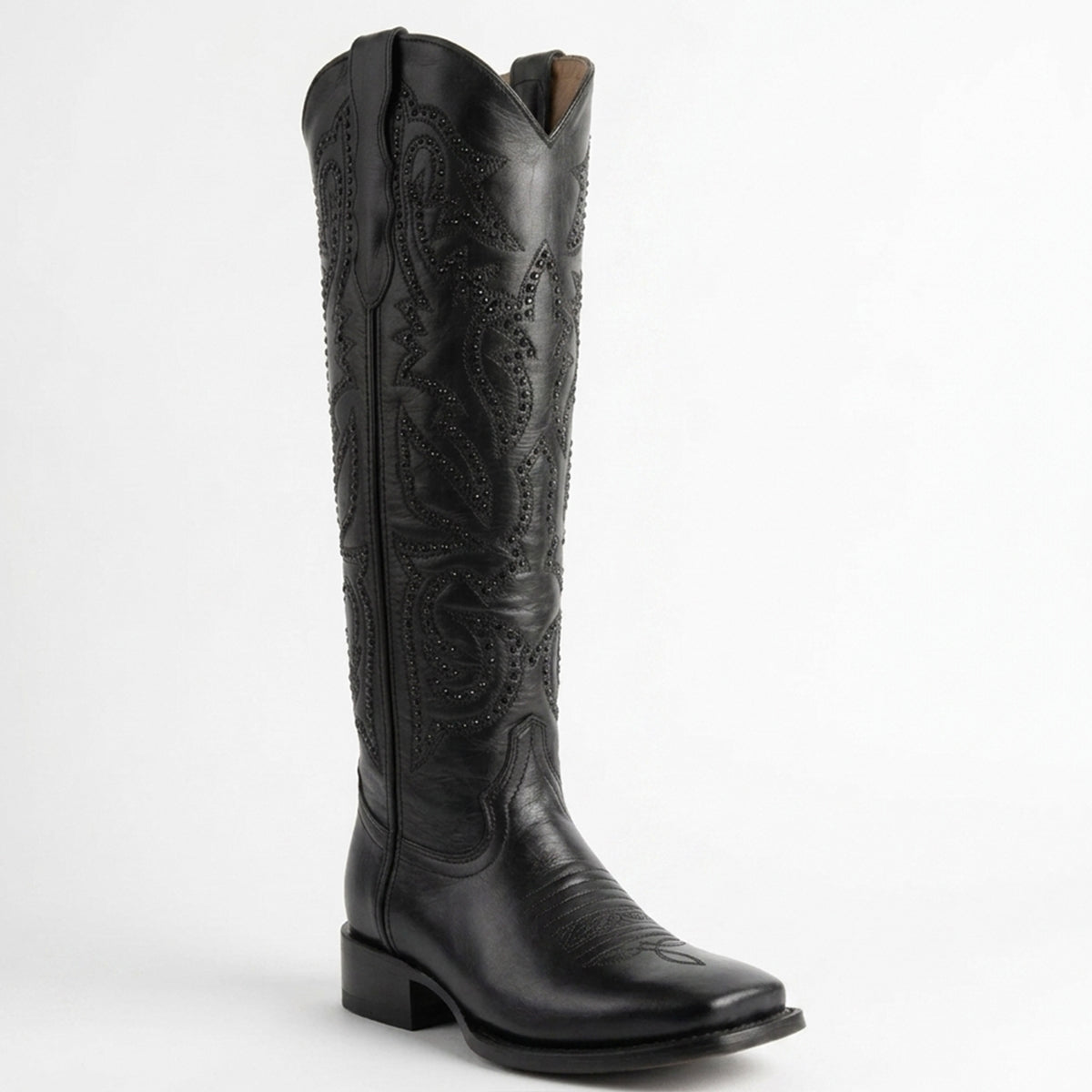 Lirac Dakota 17-inch women's black leather high shaft cowboy boot featuring tone-on-tone western embroidery with stud accents and a square toe profile.