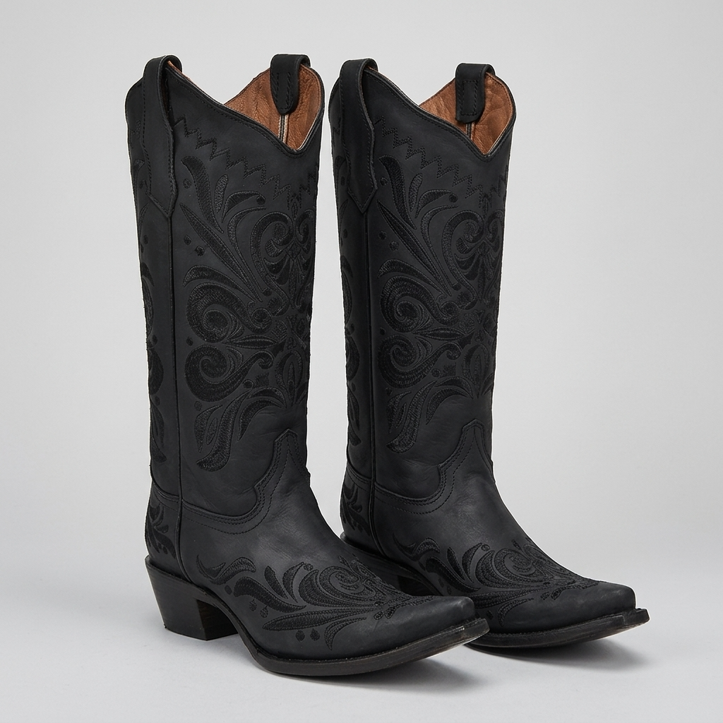 Corral Women's black leather cowgirl boots featuring intricate black tonal embroidery, a sharp snip toe, and a 3-inch stacked heel.