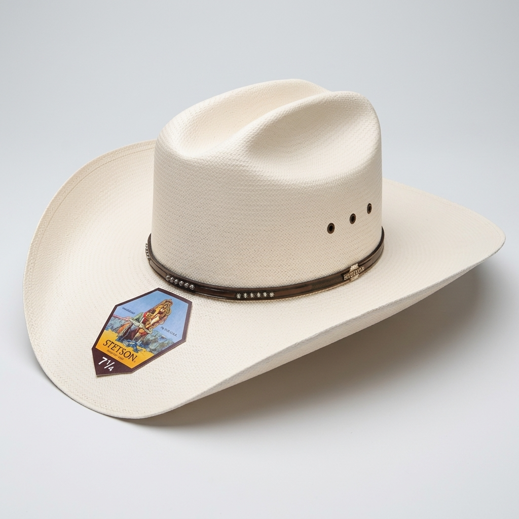 Stetson straw cowboy hat with a brand patch on a light gray background.