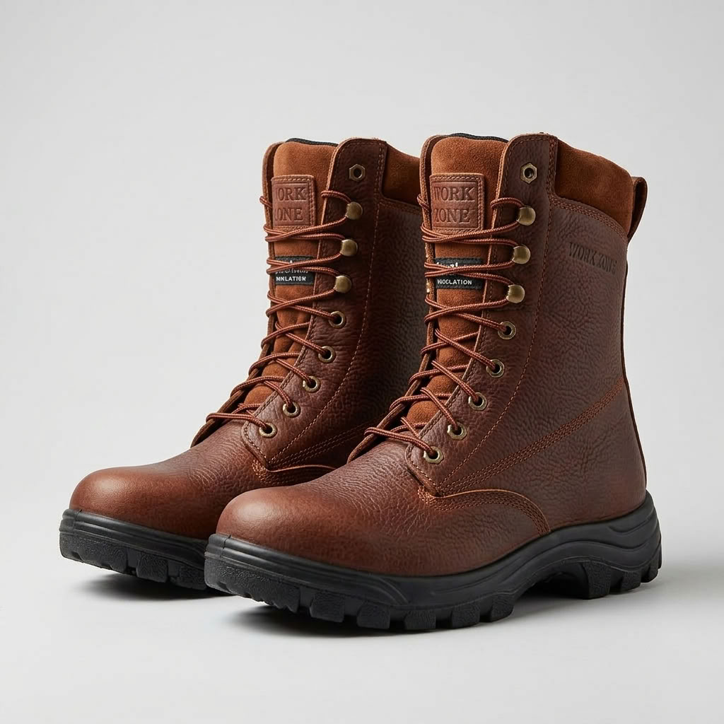Studio pair view of the Work Zone N852 8-inch waterproof soft toe work boots shown from a three-quarter perspective.