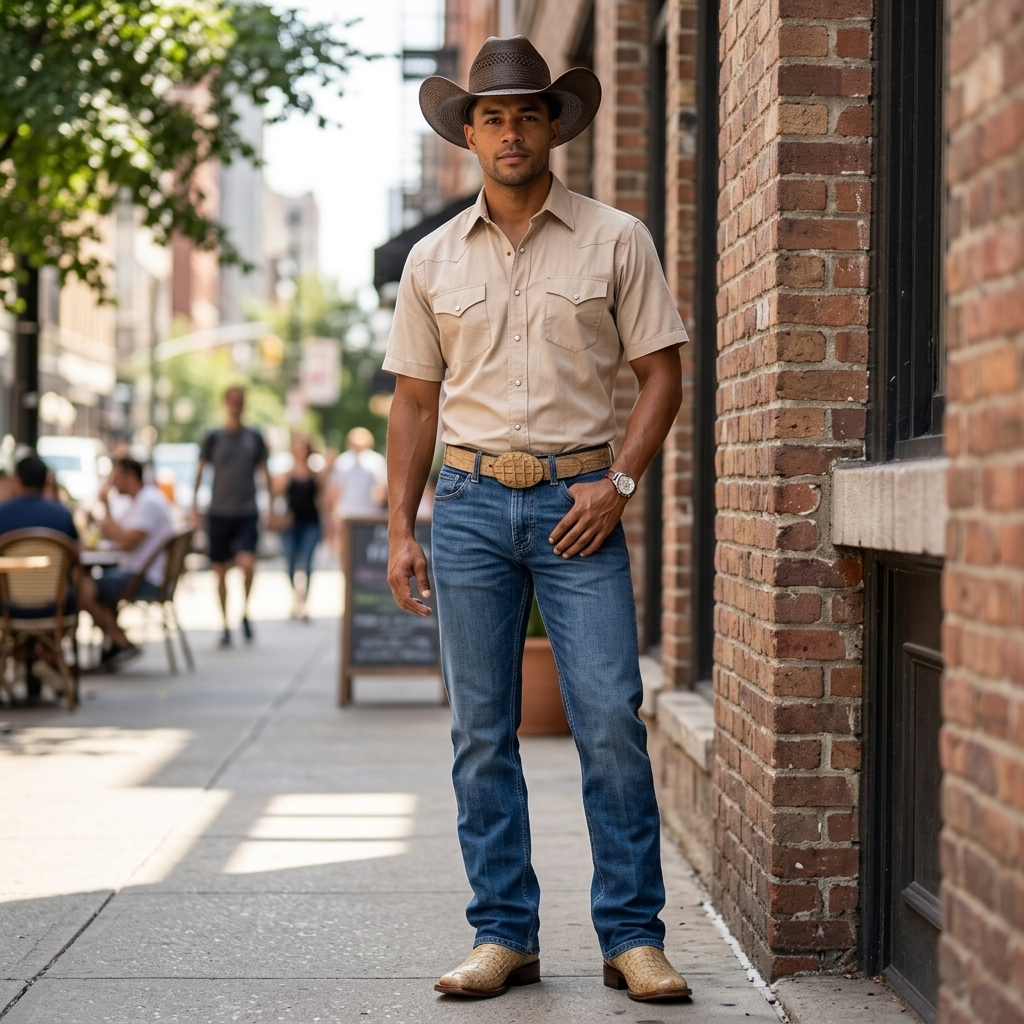 A man standing on a city sidewalk wearing a tan short-sleeve western snap shirt, medium wash blue jeans, a honey caiman leather belt, honey caiman belly cowboy boots, and a brown cowboy hat.