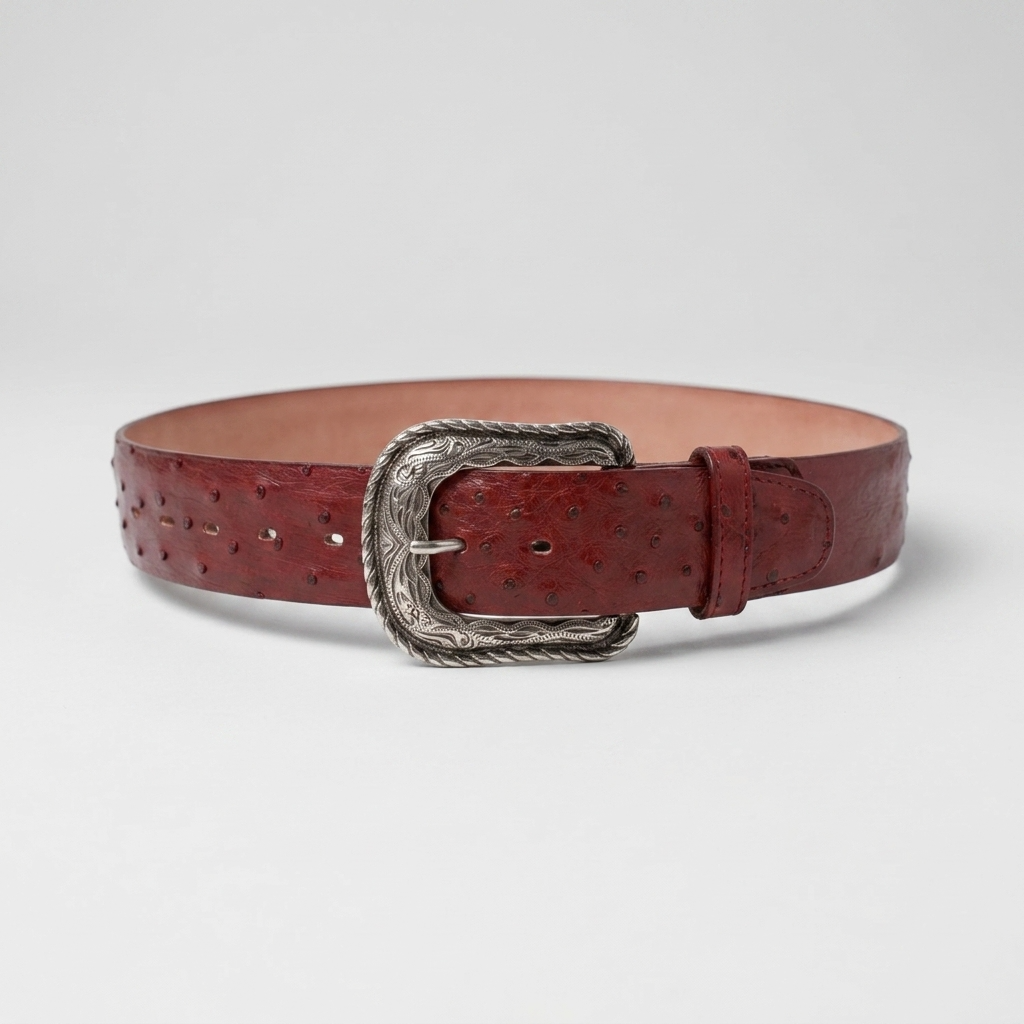 Los Altos men's cognac reddish-brown ostrich leather belt with a silver-toned western heel-bar buckle.