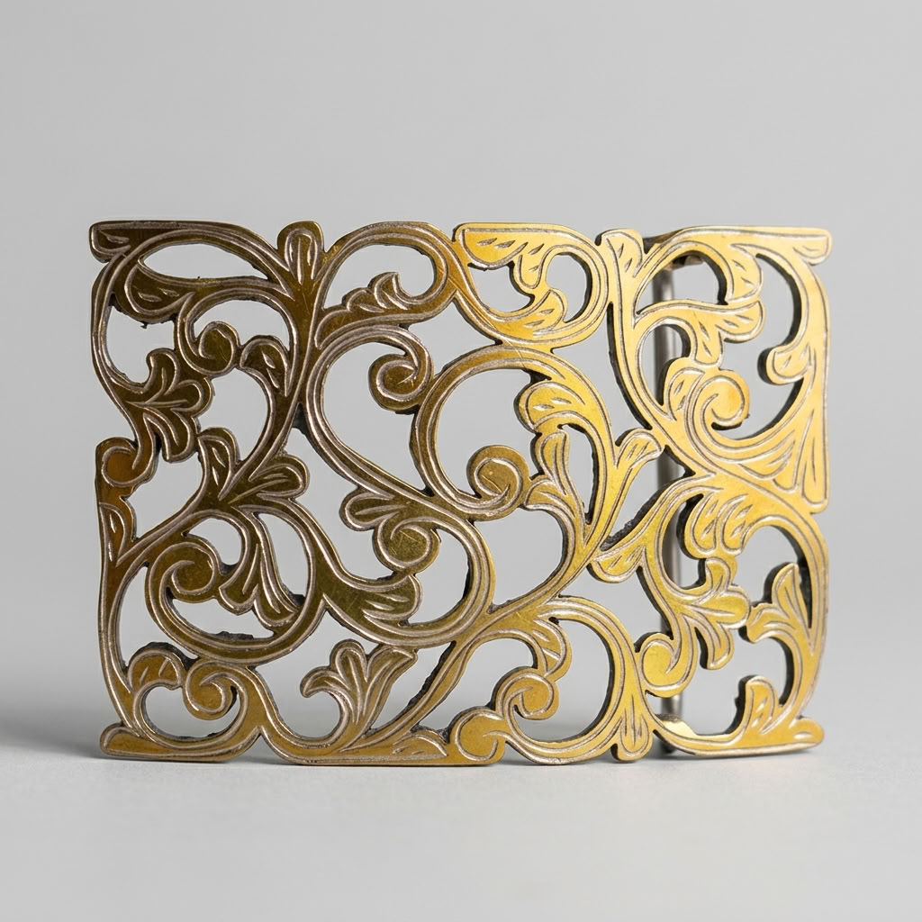 Studio white background product shot of the handcrafted gold-tone stainless steel floral filigree belt buckle made in Mexico.