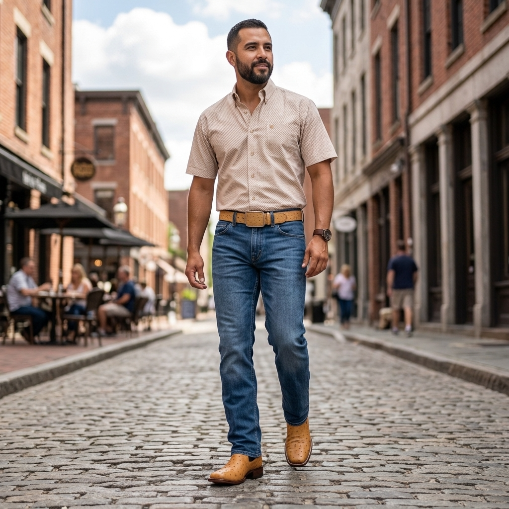 Man modeling premium tan full quill ostrich leather western boots paired with a matching ostrich leather belt, straight-leg jeans, and a casual button-up shirt.