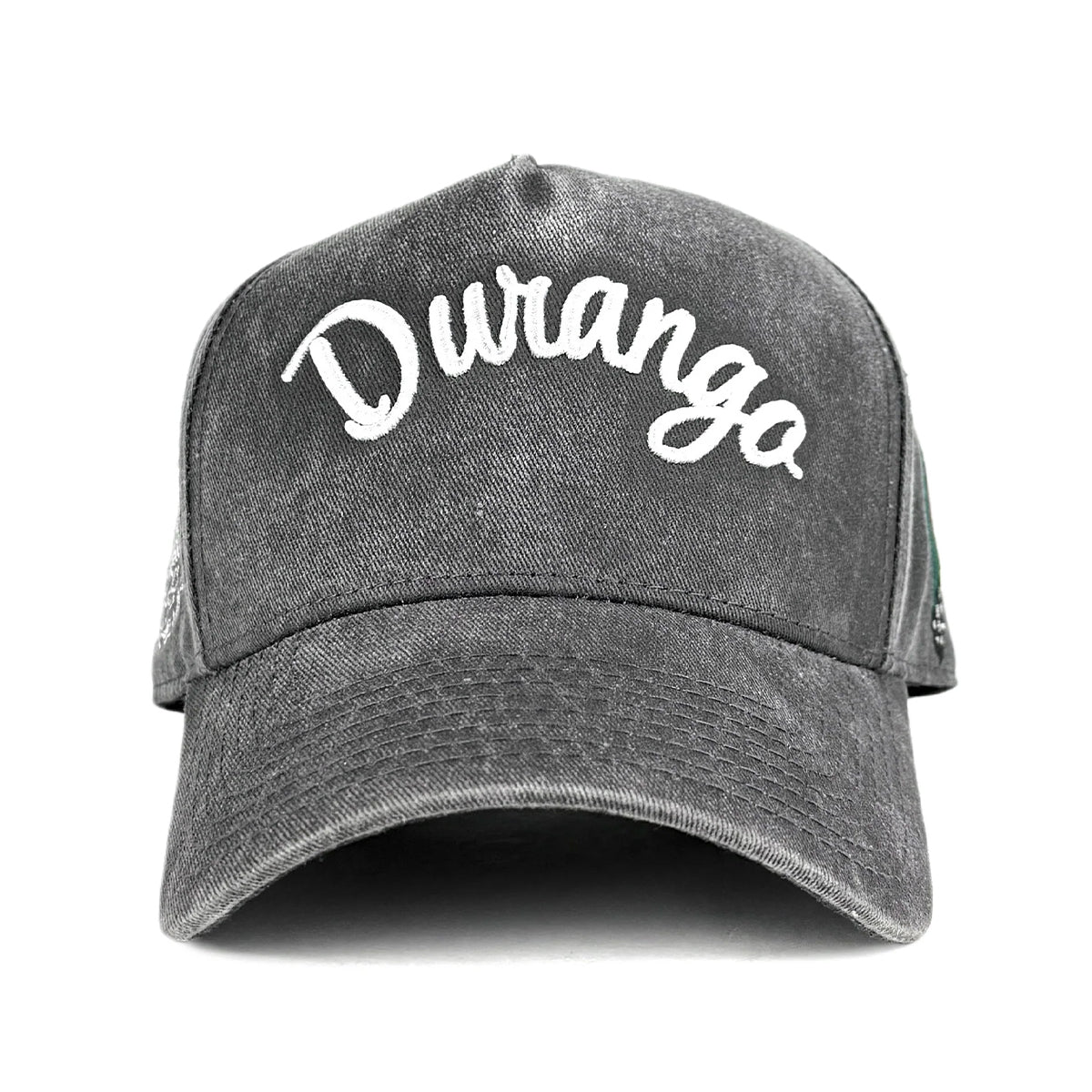 A dark gray washed cotton baseball cap featuring the word 'Durango' embroidered in white script across the front, shown against a plain white background.