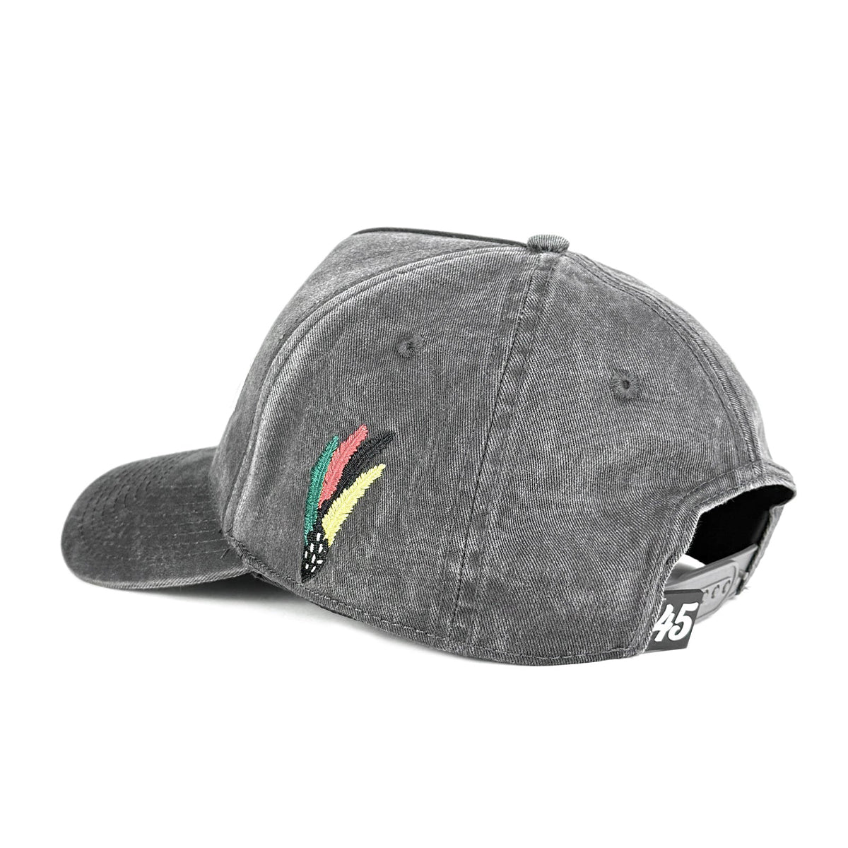 A washed dark gray baseball cap with a small embroidered feather graphic in green, yellow, and red on the side, shown against a plain white background.