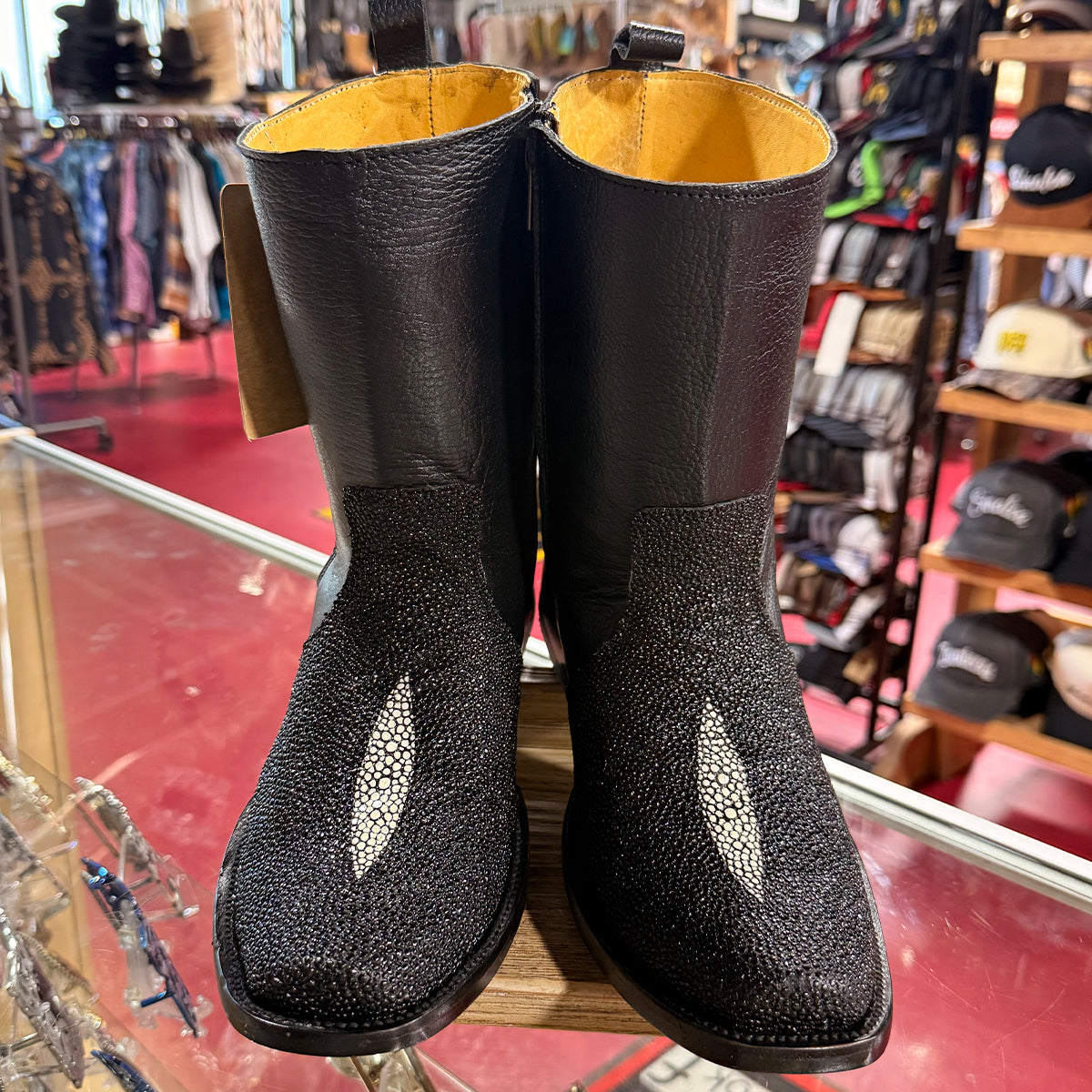 Hooch Boots men's black Dubai toe western boots featuring stingray-style embossed leather with a single pearl accent and side zipper.