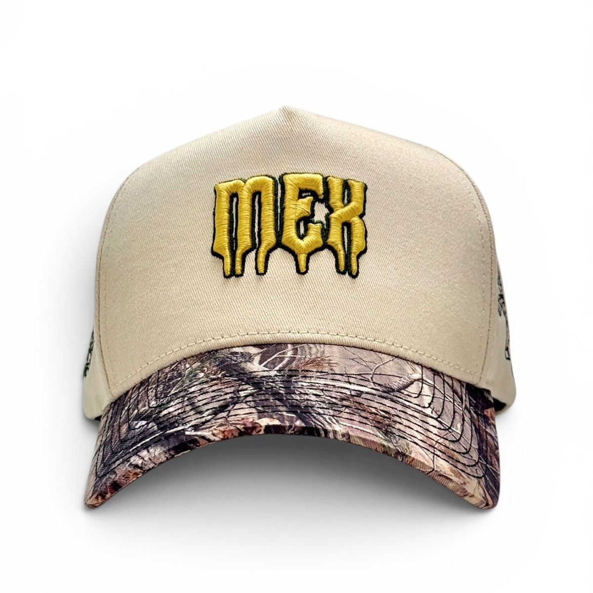 Mexico beige cap with yellow MEX text and camouflage brim on a white background.
