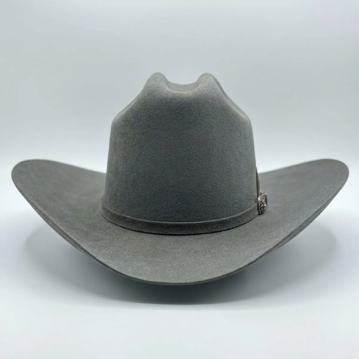 Straight-on front view of the Abolengo Rancheron 1000X grey felt cowboy western hat showcasing the tall crown symmetry and curved Sinaloa brim shape.