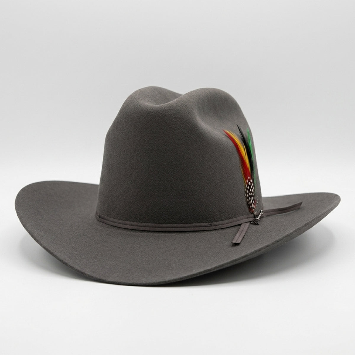 Stetson Rancher 6x gray western felt hat with feather on band.