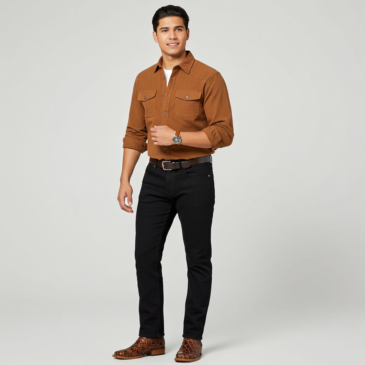 Man wearing Pirarucu Print Square Toe boots