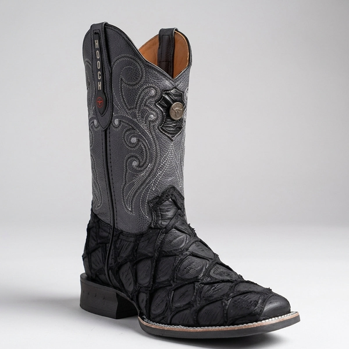 Botas Vaqueras Negras Grabado de Pescado Pirarucu