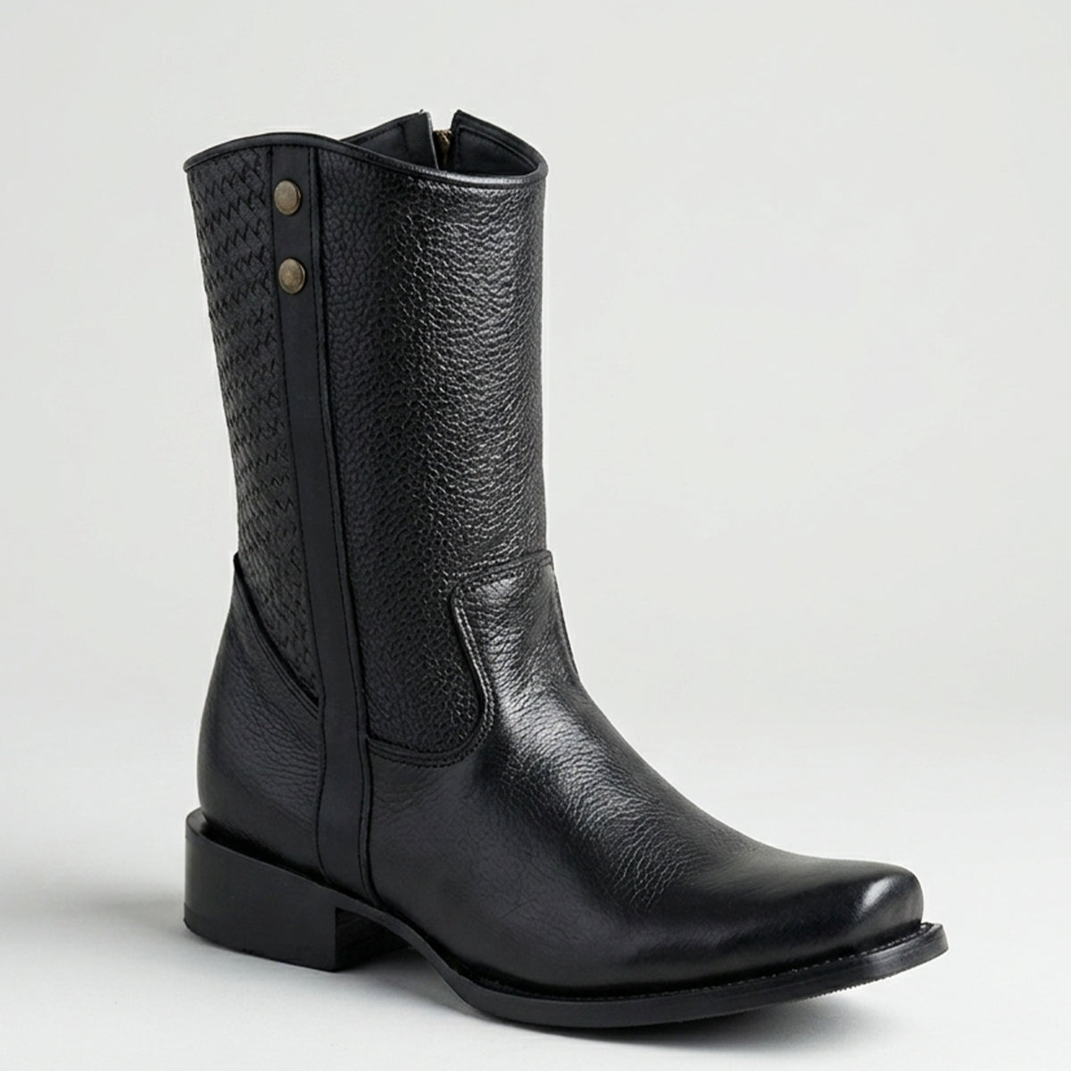 La Sierra Men's black genuine leather boot with semi-square toe, woven texture on the back shaft, inner zipper closure, and leather sole.