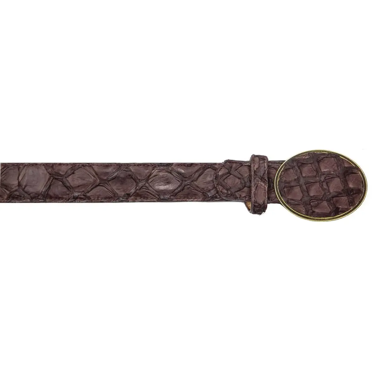 Horizontal studio view of the Los Altos tobacco brown genuine pirarucu fish leather Western belt displaying the large scale pattern, leather lining, and matching oval pirarucu buckle.