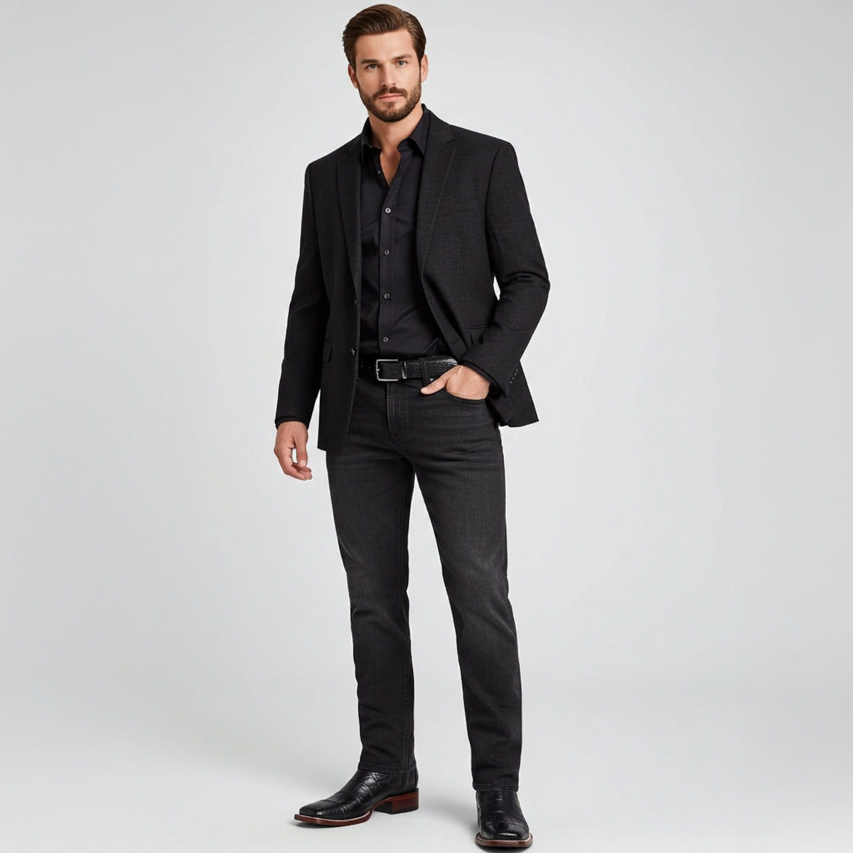 Man wearing black Alligator boots with blazer