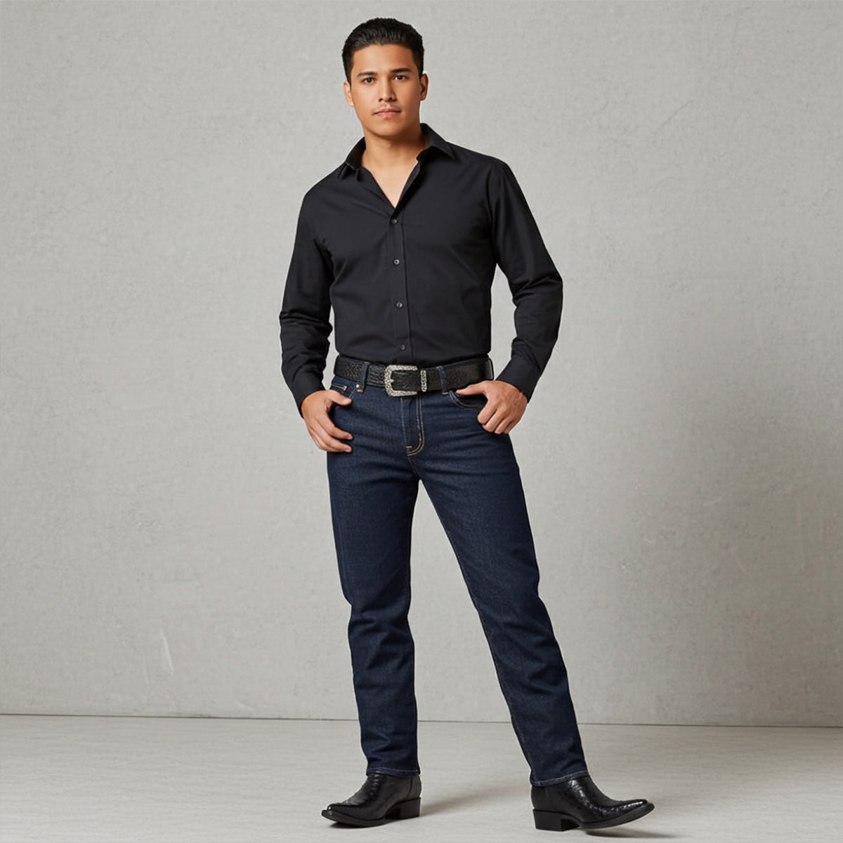 Man wearing black ostrich boots