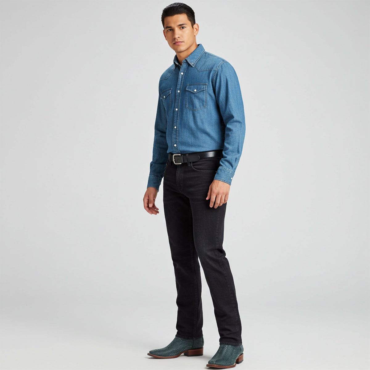 Man wearing blue ostrich leg cowboy boots 