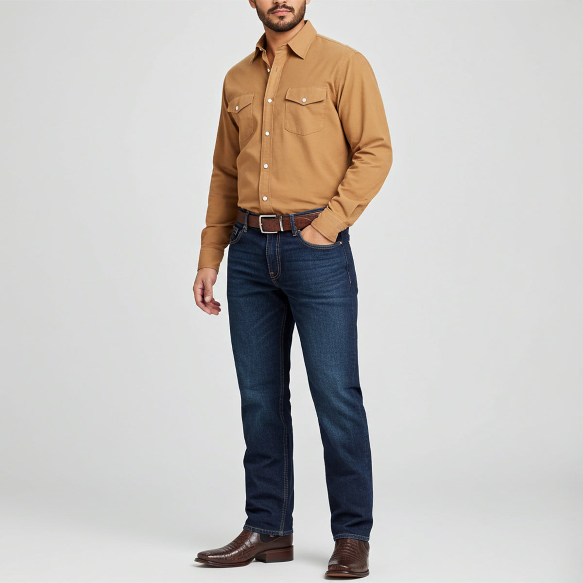 Man wearing brown caiman boots