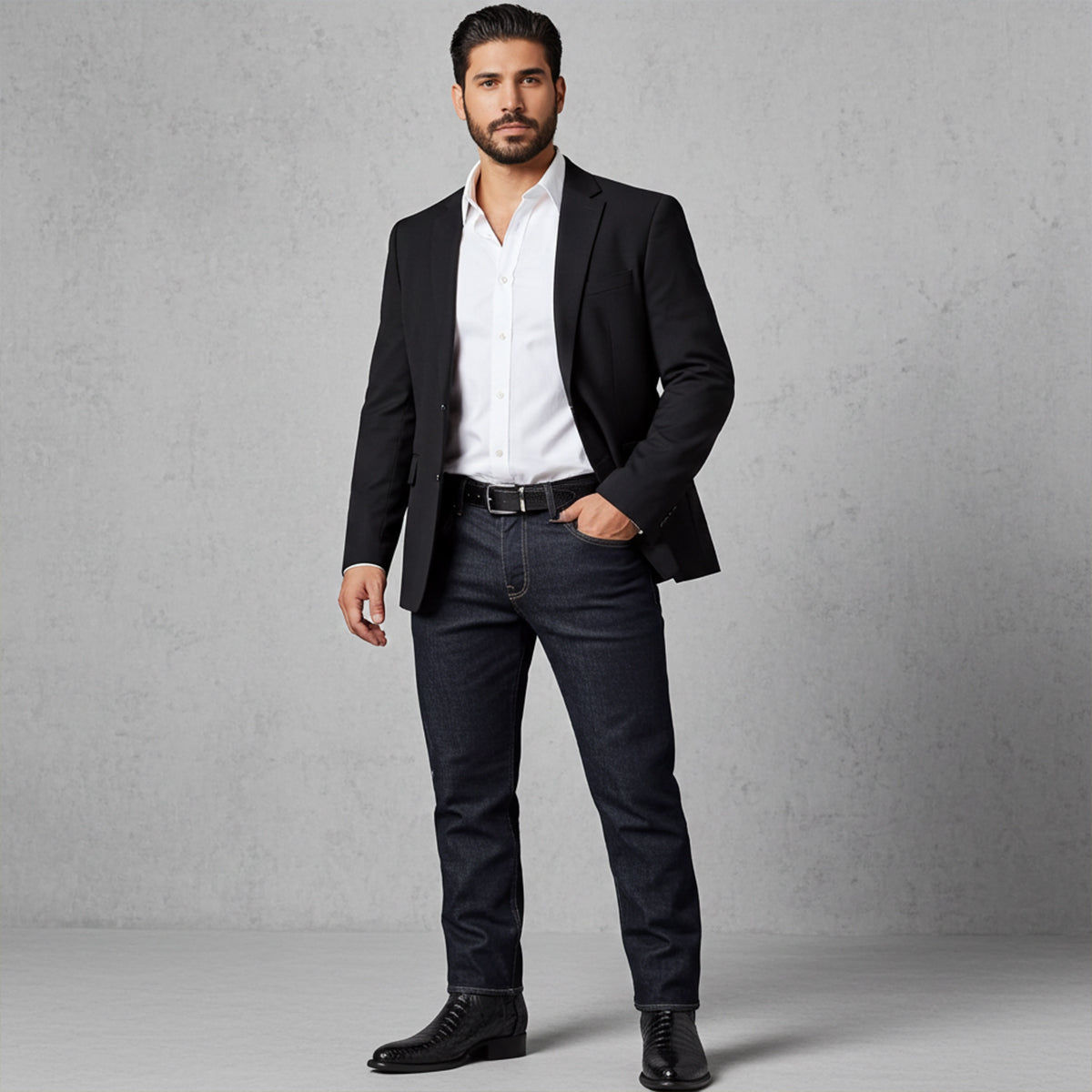 Man wearing Black Caiman Roper Boots