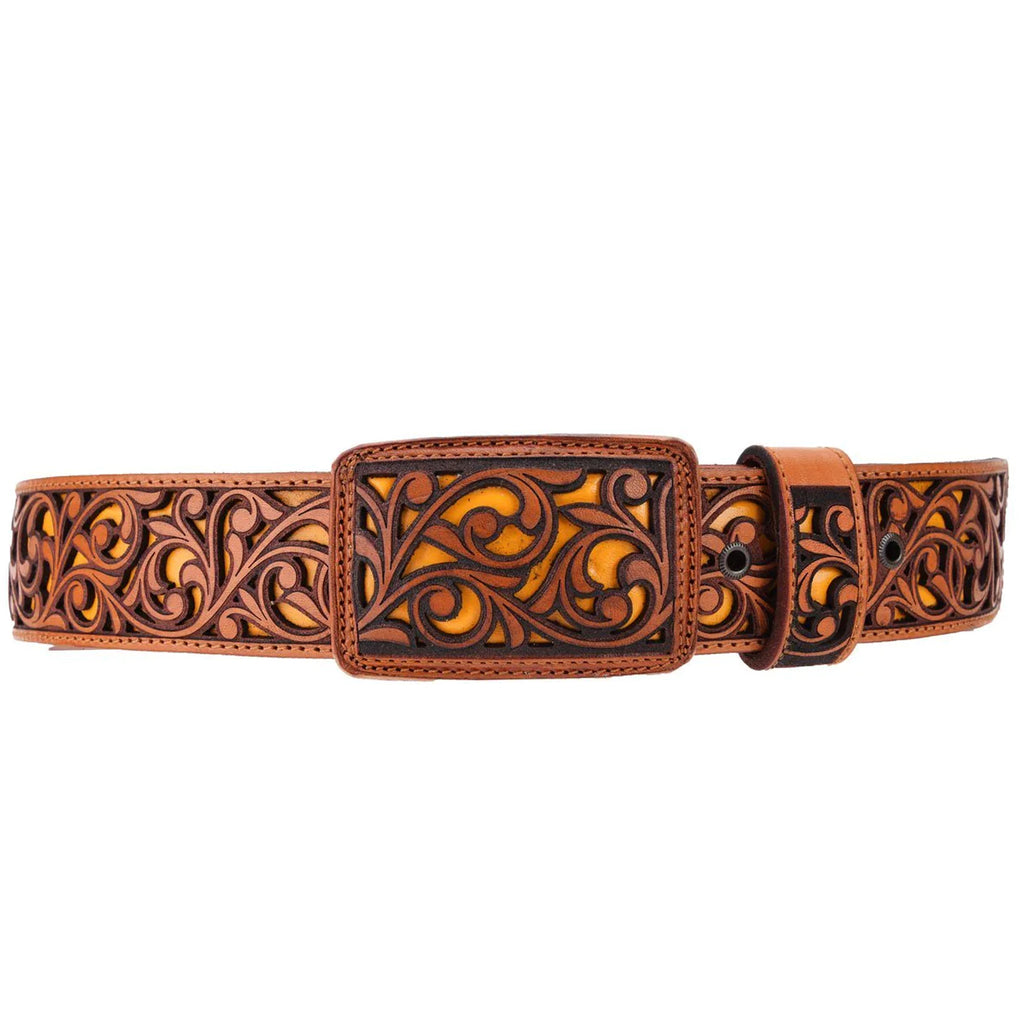 Floral Laser Cut Cowboy Belt - Genuine Leather display picture 3