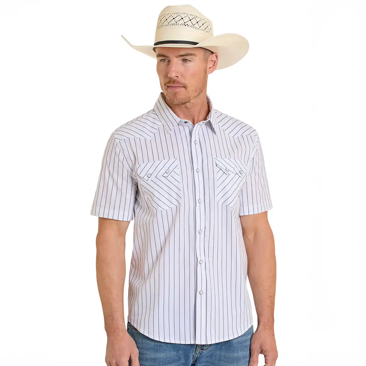 Front view of a model wearing the Panhandle Slim men's white striped short sleeve Western snap shirt with blue jeans and a straw cowboy hat.