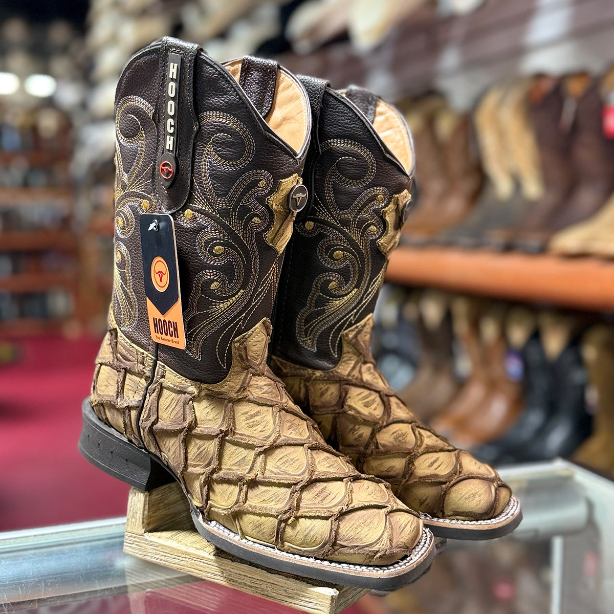 Men's Hooch light brown Pirarucu print square toe western boots.